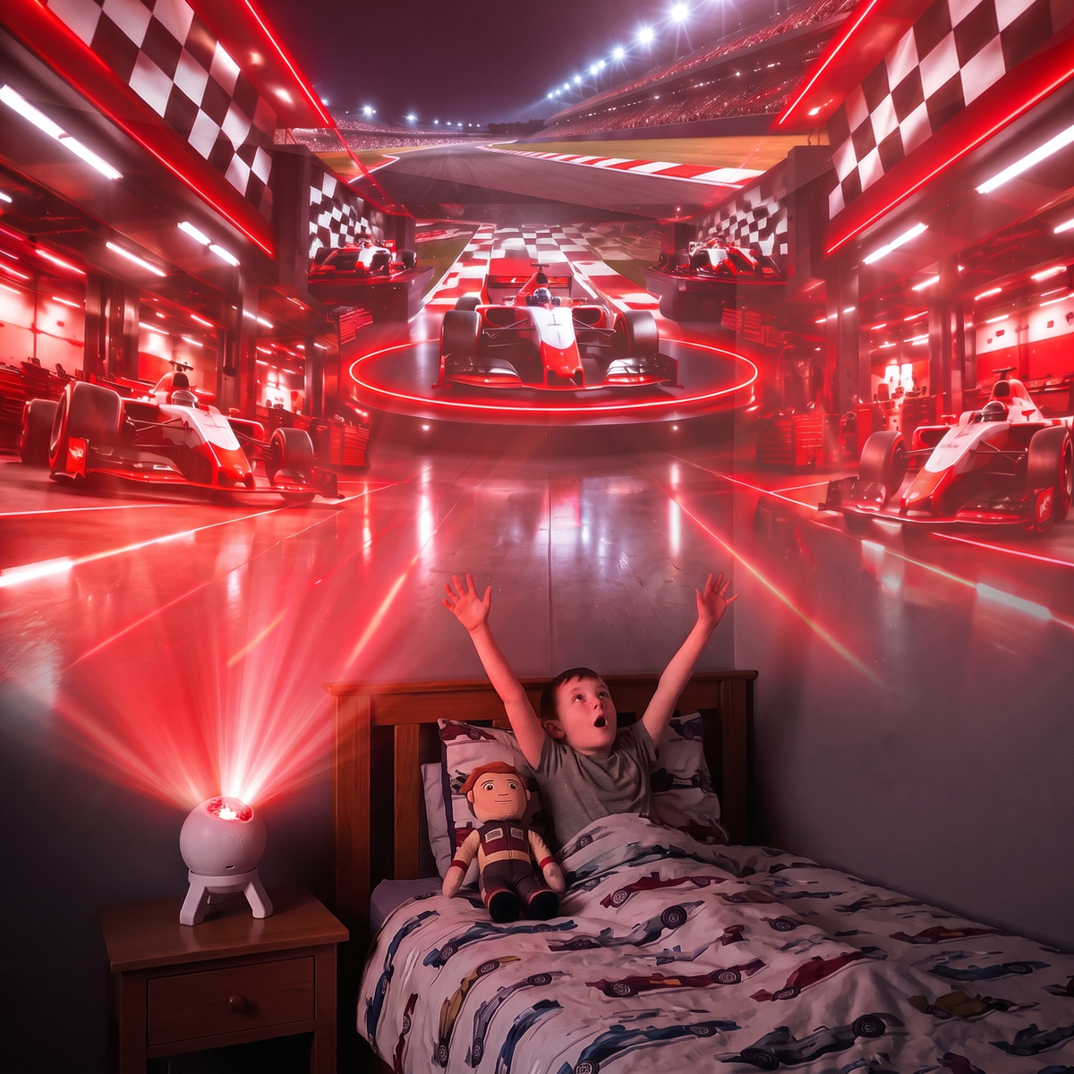 RacerGlow projecting an F1 garage across a kid's bedroom