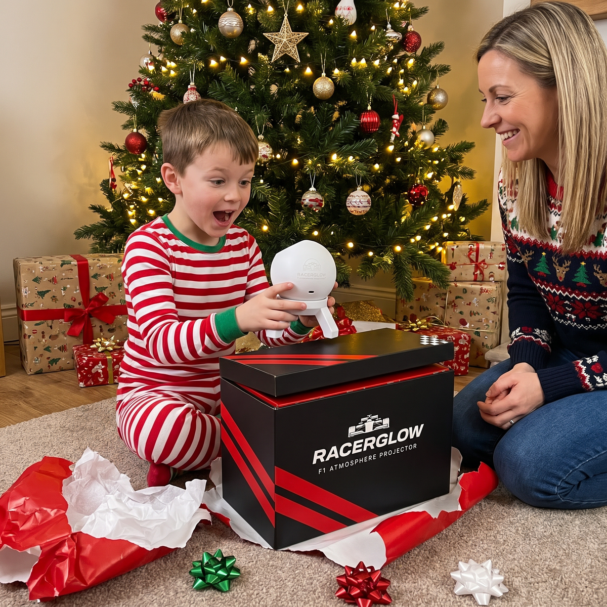 Kid opening a RacerGlow gift on Christmas morning